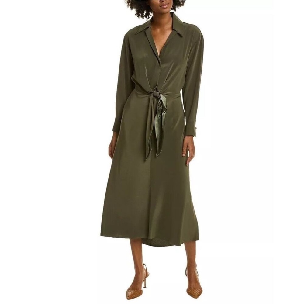 Vince Draped Front V-neck Tie Waist Long Sleeve Midi Dress